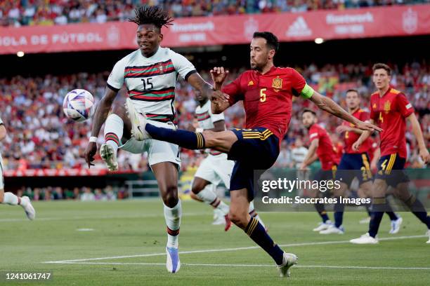 Rafael Leao of Portugal, Sergio Busquets of Spain during the UEFA Nations league match between Spain v Portugal at the Estadio Benito Villamarin on...