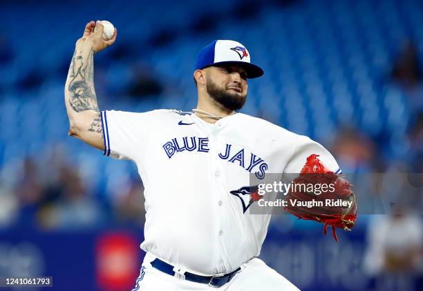 Alex Manoah of the Toronto Blue Jays delivers a pitch in the second inning during a MLB game against the Chicago White Sox at Rogers Centre on June...