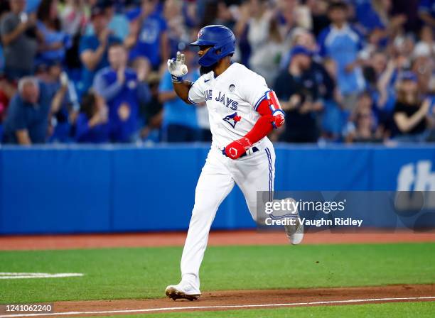 Teoscar Hernandez the Toronto Blue Jays runs home after hitting a 2 run home run in the sixth inning during a MLB game against the Chicago White Sox...