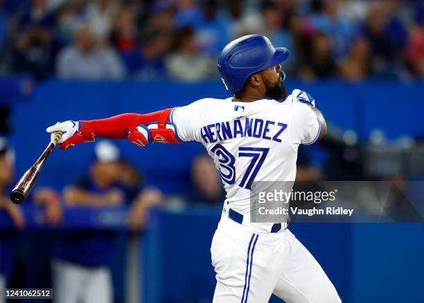 Teoscar Hernandez the Toronto Blue Jays hits a 2 run home run in the sixth inning during a MLB game against the Chicago White Sox at Rogers Centre on...