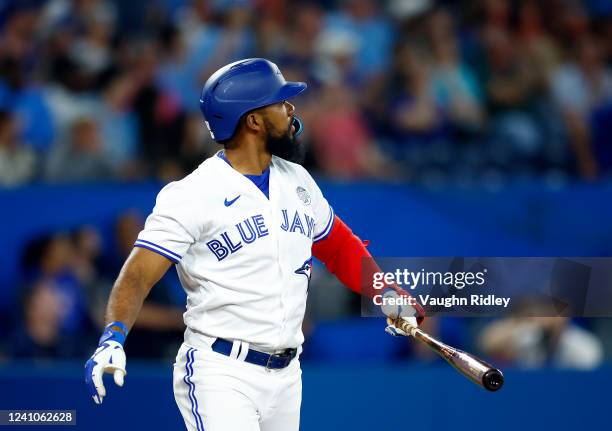 Teoscar Hernandez the Toronto Blue Jays hits a 2 run home run in the sixth inning during a MLB game against the Chicago White Sox at Rogers Centre on...
