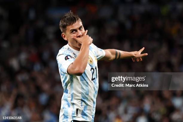 Paulo Dybala of Argentina celebrates scoring the 3rd goal during the Finalissima 2022 match between Italy and Argentina at Wembley Stadium on June 1,...