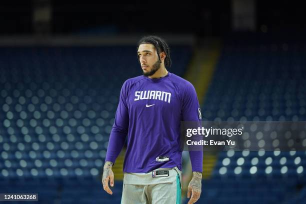 LiAngelo Ball of the Greensboro Swarm looks on during the game against the Westchester Knicks on March 1, 2022 at Webster Bank Arena in Bridgeport,...