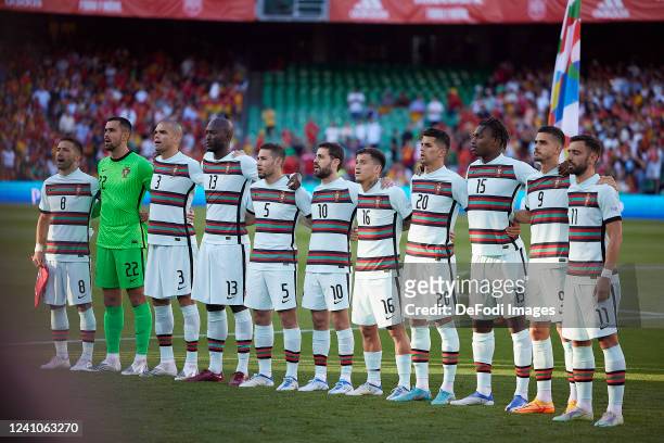 Portugal National team listen to the national anthem prior to the UEFA Nations League League A Group 2 match between Spain and Portugal at Estadio...