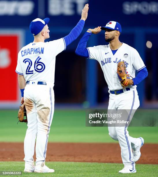 Matt Chapman and Lourdes Gurriel Jr. #13 of the Toronto Blue Jays celebrate the victory following a MLB game against the Chicago White Sox at Rogers...