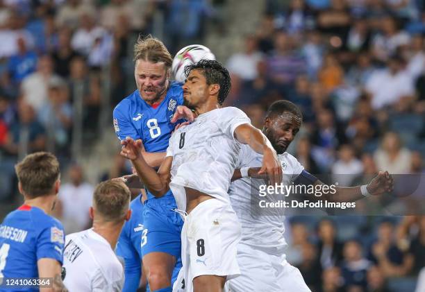 Birkir Bjarnason of Iceland, Dor Peretz of Israel . During the UEFA Nations League League B Group 2 match between Israel and Iceland at Itztadion...