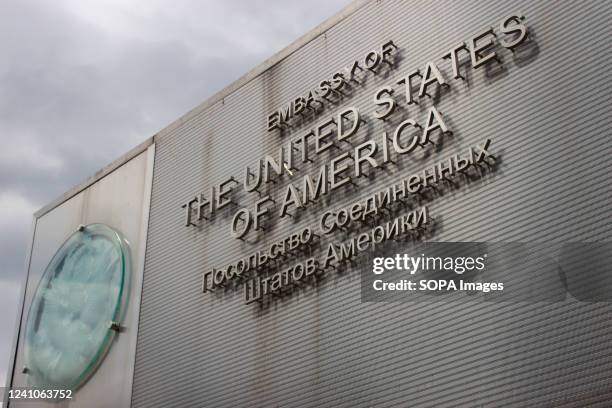 The U.S. Seal is seen in front of the U.S. Embassy in Moscow.