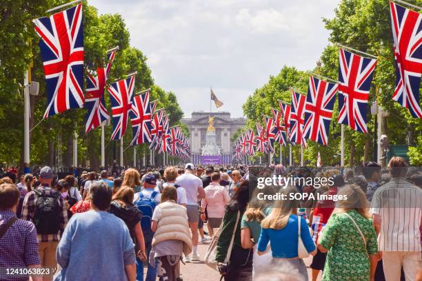 Large crowd is seen on The Mall leading to Buckingham Palace during the celebrations. Tens of thousands of people gathered in central London to...