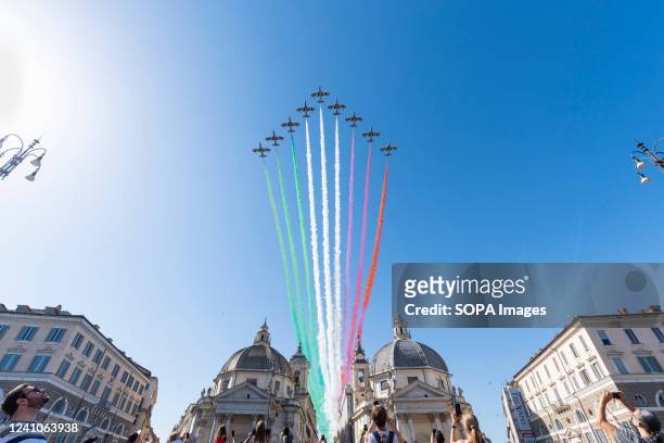 National Acrobatic Patrol, Frecce Tricolori, overfly Via del Corso and Piazza del Popolo in Rome celebrating Italian Republic Day. The National...
