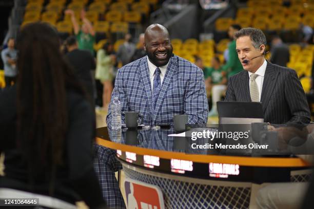 Analyst, Shaquille O'Neal smiles on set before Game One of the 2022 NBA Finals between the Boston Celtics and the Golden State Warriors on June 2,...