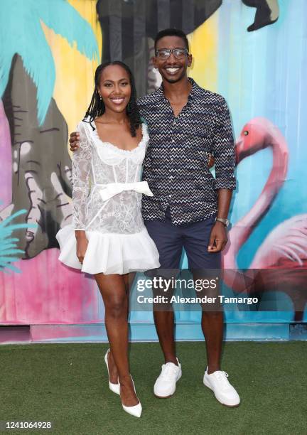 DeWanda Wise and Mamoudou Athie are seen during a "Jurassic World: Dominion" mural unveiling at the Wynwood Marketplace on June 2, 2022 in Miami,...