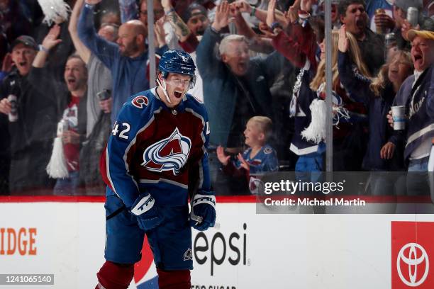 Josh Manson of the Colorado Avalanche celebrates a goal against the Edmonton Oilers in Game Two of the Western Conference Final of the 2022 Stanley...