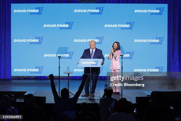 Doug Ford, Ontario's premier, speaks next to his wife Karla during an election night event in Toronto, Ontario, Canada, on Thursday, June 2, 2022....