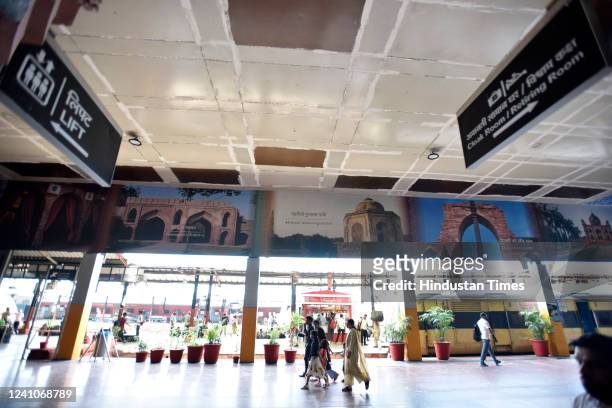 Work undergoing for beautification of station with thematic paintings on ceilings and sidewalls at old Delhi Railway station on June 2, 2022 in New...