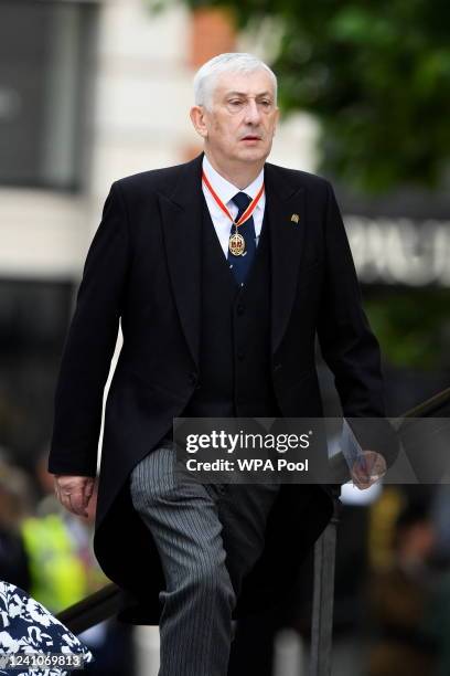 Speaker of the House of Commons Sir Lindsay Hoyle arrives for the National Service of Thanksgiving on June 3, 2022 in London, England. The Platinum...