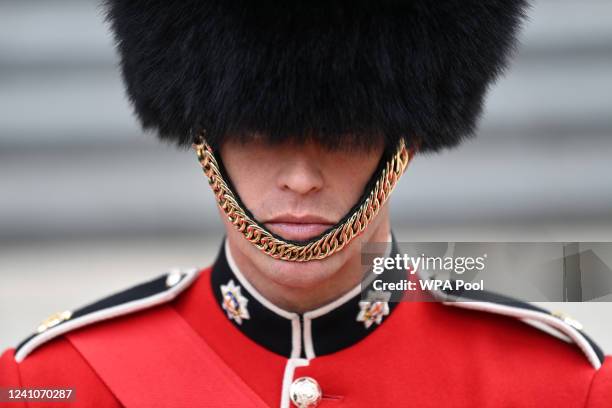 Member of The Coldstream Guards is seen on duty during the National Service of Thanksgiving at St Paul's Cathedral on June 3, 2022 in London,...