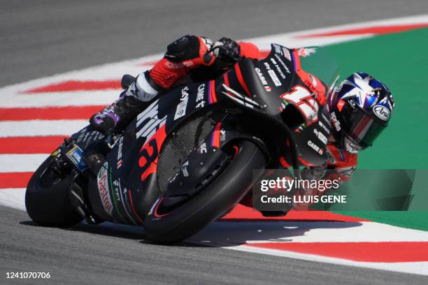 Aprilia Spanish rider Maverick Vinales rides during the first MotoGP free practice session of the Moto Grand Prix de Catalunya at the Circuit de...