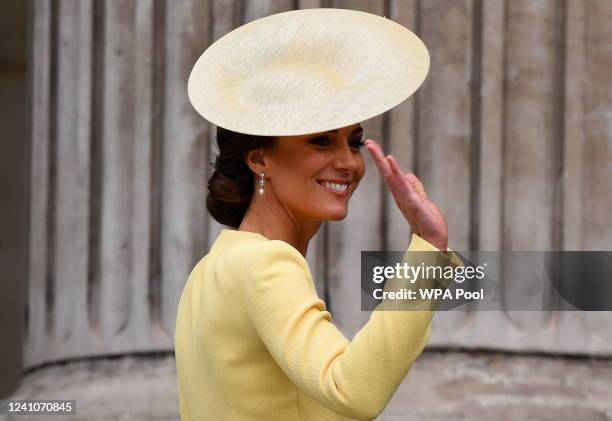 Catherine, Duchess of Cambridge arrives for the National Service of Thanksgiving to Celebrate the Platinum Jubilee of Her Majesty The Queen at St...