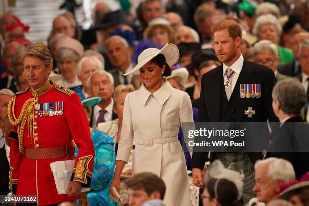 Prince Harry, Duke of Sussex and Meghan, Duchess of Sussex attend the National Service of Thanksgiving to Celebrate the Platinum Jubilee of Her...