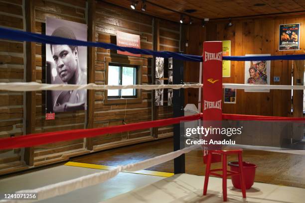 View of boxing ring at the training camp called Fighter's Heaven, where US Muslim legendary boxer boxer Mohammed Ali prepared for big matches in...