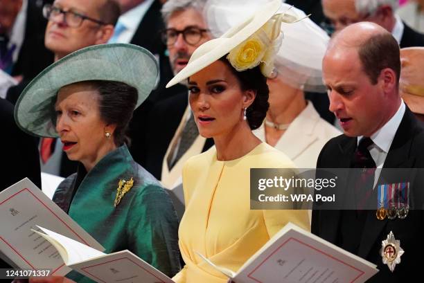 Princess Anne, Princess Royal, Catherine, Duchess of Cambridge and Prince William, Duke of Cambridge attend the National Service of Thanksgiving to...