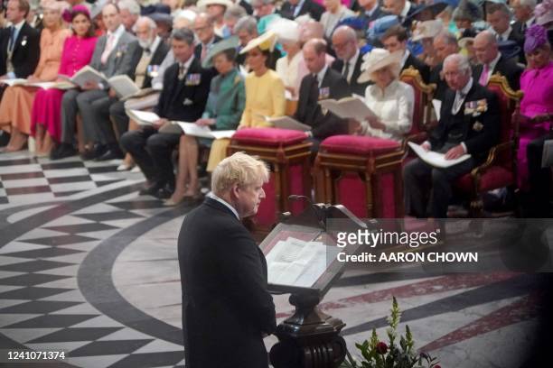 Britain's Prime Minister Boris Johnson speaks during the National Service of Thanksgiving for The Queen's reign at Saint Paul's Cathedral in London...