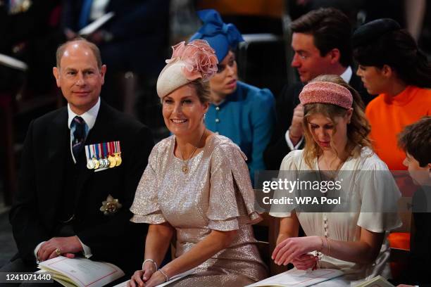 Prince Edward, Earl of Wessex, Sophie, Countess of Wessex, Lady Louise Windsor and James, Viscount Severn, attend the National Service of...