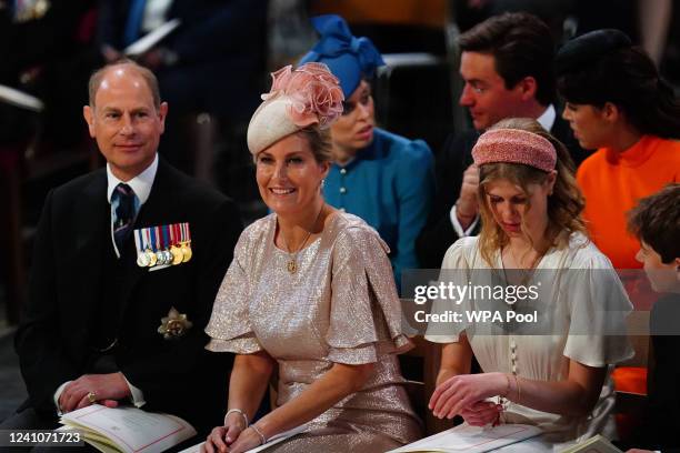 Prince Edward, Earl of Wessex, Sophie, Countess of Wessex, Lady Louise Windsor and James, Viscount Severn, attend the National Service of...