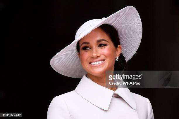 Meghan, Duchess of Sussex, leaves after attending the National Service of Thanksgiving at St Paul's Cathedral during the Queen's Platinum Jubilee...