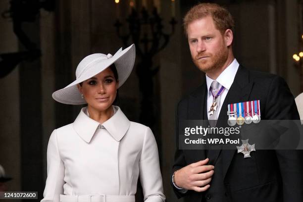 Prince Harry and Meghan Markle, Duke and Duchess of Sussex leave after a service of thanksgiving for the reign of Queen Elizabeth II at St Paul's...