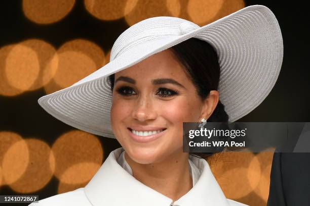 Meghan, Duchess of Sussex leaves after attending the National Service of Thanksgiving to Celebrate the Platinum Jubilee of Her Majesty The Queen at...