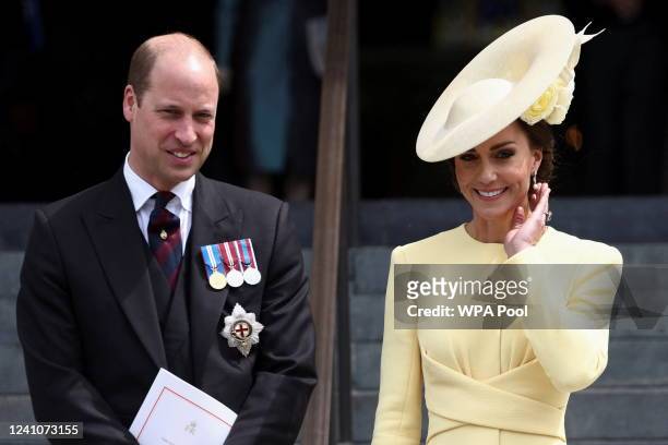 Prince William, Duke of Cambridge and Catherine, Duchess of Cambridge depart after the National Service of Thanksgiving to Celebrate the Platinum...