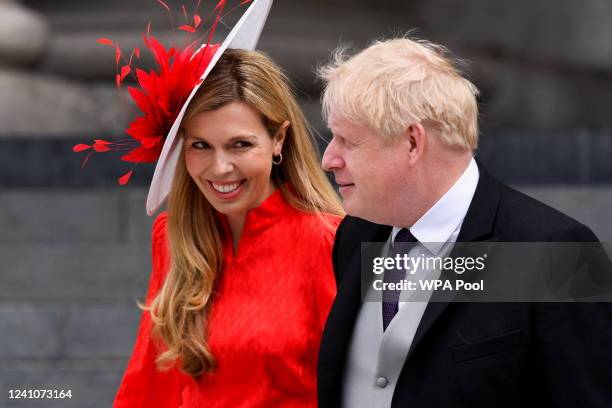 British Prime Minister Boris Johnson and his wife Carrie Johnson depart after the National Service of Thanksgiving to Celebrate the Platinum Jubilee...