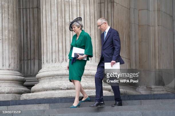 Former prime minister Theresa May and her husband Philip May depart after the National Service of Thanksgiving to Celebrate the Platinum Jubilee of...