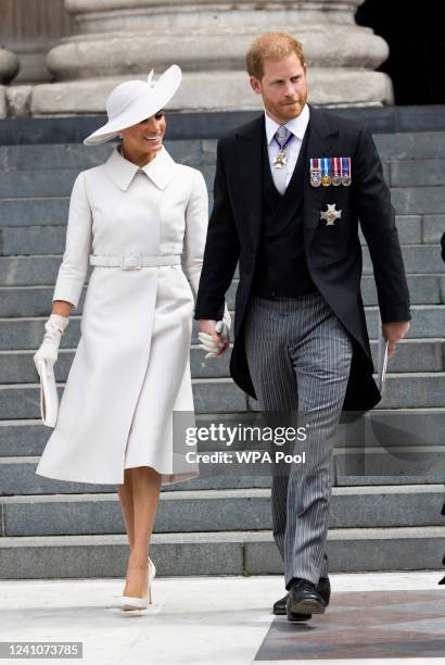 Prince Harry, Duke of Sussex and Meghan, Duchess of Sussex leaving the National Service of Thanksgiving to Celebrate the Platinum Jubilee of Her...