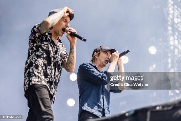 German singer Ingo Donto and singer Campino from the band Die Toten Hosen performs live on stage as a guest from the band Donots during Rock am Ring...