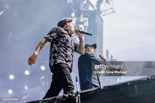 German singer Ingo Donto and singer Campino from the band Die Toten Hosen performs live on stage as a guest from the band Donots during Rock am Ring...