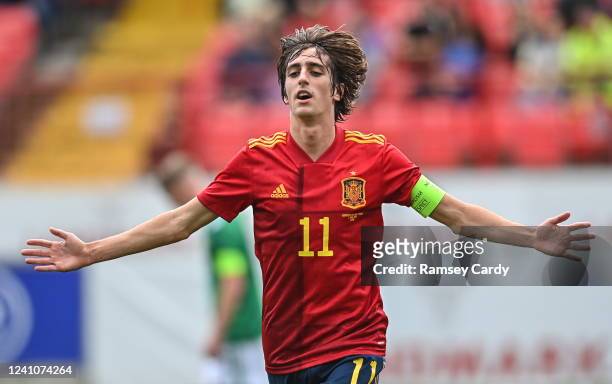 Antrim , United Kingdom - 3 June 2022; Bryan Gil of Spain celebrates after scoring his side's third goal during the UEFA European U21 Championship...