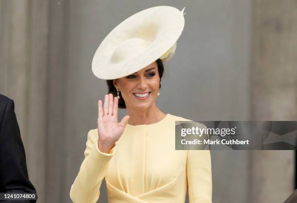 Catherine, Duchess of Cambridge attends a National Service of Thanksgiving for the Queens reign at St Pauls Cathedral on June 3, 2022 in London,...