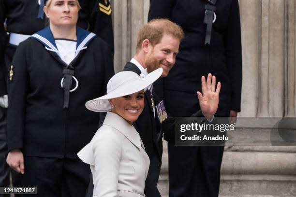 Prince Harry, Duke of Sussex and Meghan, Duchess of Sussex arrive at St Paul's Cathedral to attend Service of Thanksgiving for The Queen's during the...