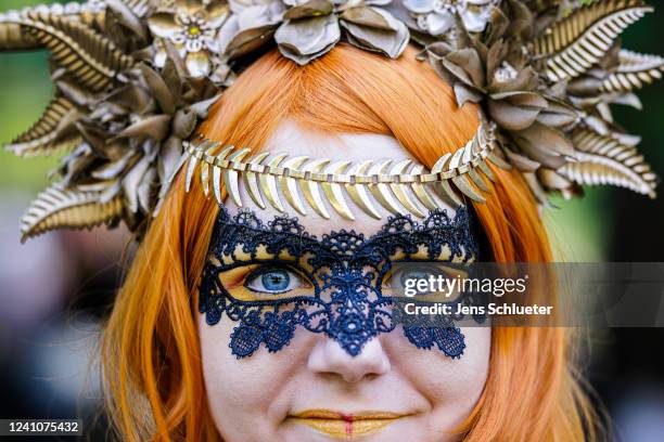 Costumed participants gather for a Victorian picnic in Clara Zetkin park on the first day of the annual WGT Wave Gotik Treffen on June 3, 3022 in...