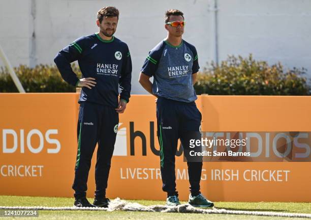 Dublin , Ireland - 3 June 2022; Ireland head coach Ed Joyce, left, and Ireland coach Glenn Querl before the Women's T20 International match between...
