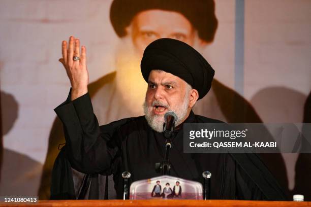 Iraqi Shiite cleric Muqtada al-Sadr delivers a speech before ending it abruptly due to his disapproval at the behaviour of an overenthusiastic crowd,...