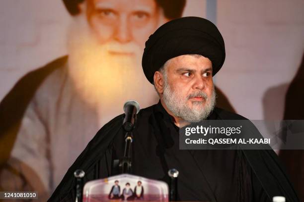 Iraqi Shiite cleric Moqtada al-Sadr delivers a speech before ending it abruptly due to his disapproval at the behaviour of an overenthusiastic crowd,...