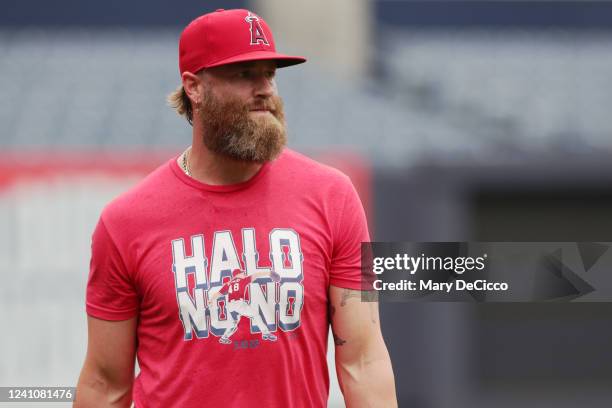 Archie Bradley of the Los Angeles Angels looks on during warm ups prior to the game between the Los Angeles Angels and the New York Yankees at Yankee...