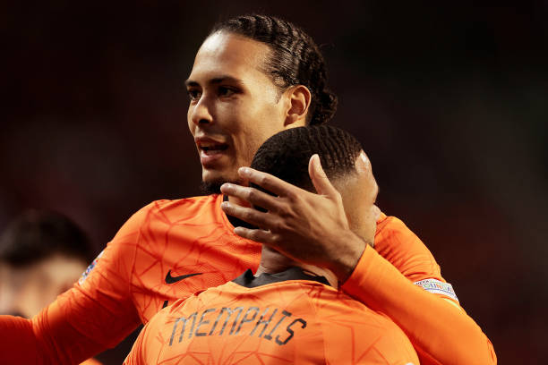 Virgil van Dijk of Holland, Memphis Depay of Holland celebrates 0-2 during the UEFA Nations league match between Belgium v Holland at the King...