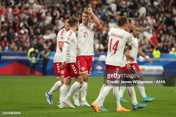 Andreas Cornelius of Denmark celebrates after scoring a goal to make it 1-2 during the UEFA Nations League League A Group 1 match between France and...