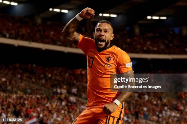 Memphis Depay of Holland celebrates 0-2 during the UEFA Nations league match between Belgium v Holland at the King Baudouin Stadium on June 3, 2022...