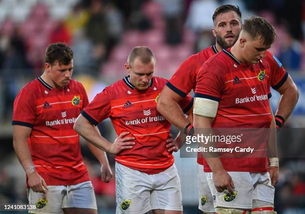 Belfast , United Kingdom - 3 June 2022; Munster players, from left, Josh Wycherley, Keith Earls, Jason Jenkins and Gavin Coombes after the United...