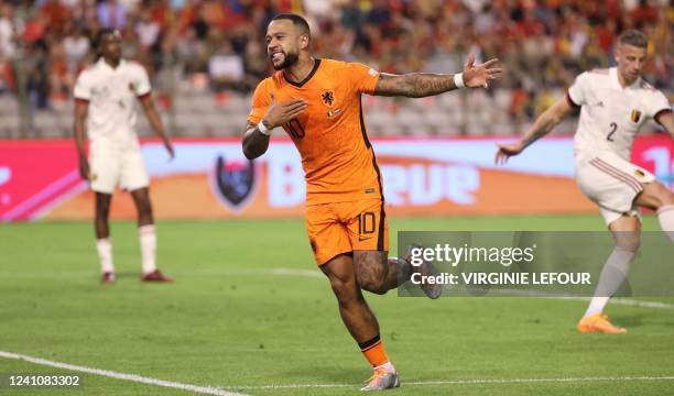 Netherlands' Memphis Depay celebrates after scoring during a soccer game between Belgian national team the Red Devils and the Netherlands, Friday 03...